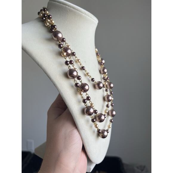 Vtg Metallic Faux Pearl Station Necklace Formal Regency Layered - Picture 2 of 5